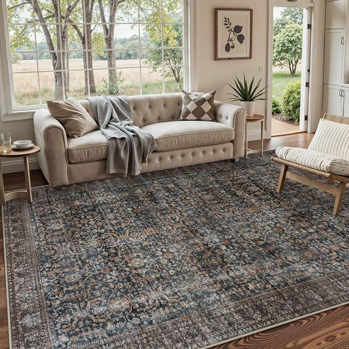 Collive Large Area Rug for Living Room 9x12, Washable Area Rug 9x12 Non Slip Vintage Antique Distressed Bedroom Carpet Ultra-Thin Low Pile Aesthetic Print Floor Rug for Dining Guest Office - Brick