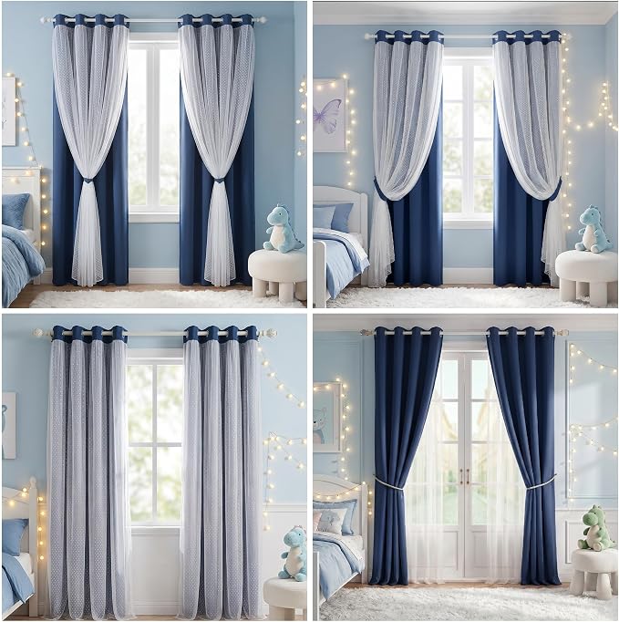 MYSKY HOME Navy Blue Blackout Curtains for Girls Bedroom & Nursery Kids Cute Curtains Double Layer with Polka Dots Sheer, Grommet Tops, 52x95 Inch Each Panel, 2 Panels