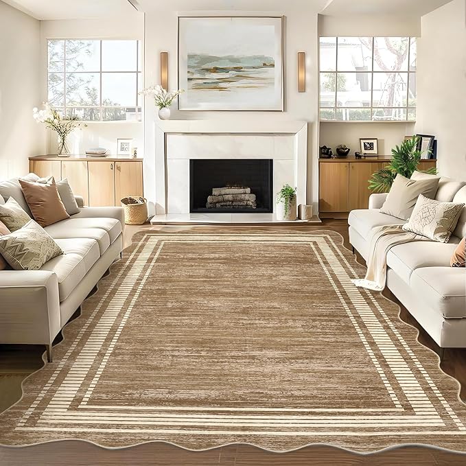 Garvee Scalloped Modern Abstract Area Rug 8x10 Washable Rug for Living Room, Non-Slip Soft Carpet for Bedroom, Scalloped Low-Pile Solid Print Accent Rug for Dining Room Home Office, Brown | Rugs for Living Room, Non-Slip Soft Carpet for Bedroom, Scallo...
