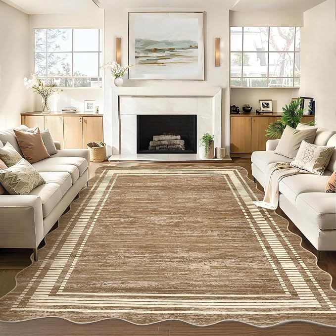 Garvee Brown Scalloped Rug 5x7 Washable Area Rug for Bedroom | Scalloped Rug 5x7, Girls Room Rugs, Stain Resistant Solid Rug for Bedroom Kids Room, Scalloped Low Pile Non-Slip Neutral Rug