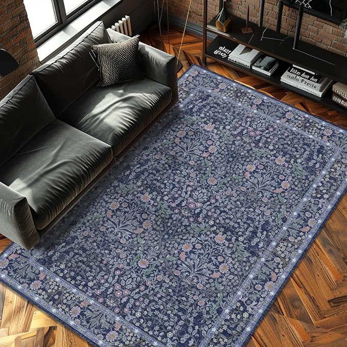 6x9 Washable Area Rugs for Living Room, Stain Resistant Vintage Rugs for Dining Room Under Kitchen Table, Bedroom, Floral Low Pile Non-Slip Large Carpet (6 x 9 Blue)