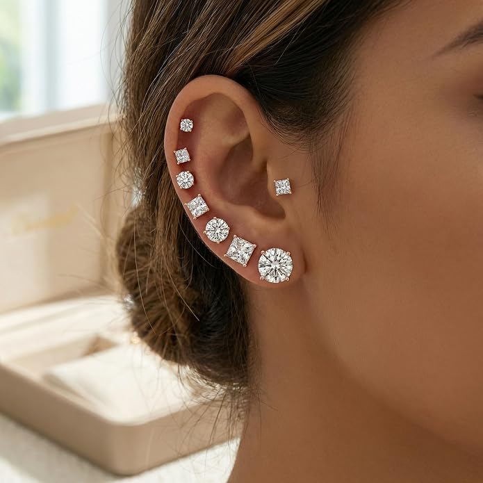 12 Pairs Stud Earrings Set, 3-8mm Cubic Zirconia Earrings for Women & Men 316L Stainless Steel Earring Hypoallergenic Small Earring Nickel Free