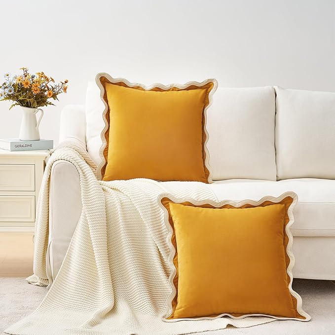 MONDAY MOOSE Decorative Throw Pillow Covers Cushion Cases, Set of 2 Soft Velvet Scalloped Wavy Edge Designs, Mix and Match for Home Decor, Pillow Inserts Not Included (16x16 inch, Cream/Honey)