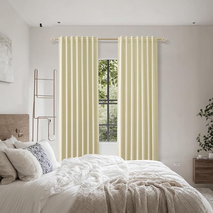 Guken Extra Long 100% Blackout Linen Curtains for Bedroom 120 inches Long, Thermal Insulated Room Darkening Black Out Drapes for Living Room, Back Tab Rod Pocket 2 Panels Set,Cream Yellow,52x120