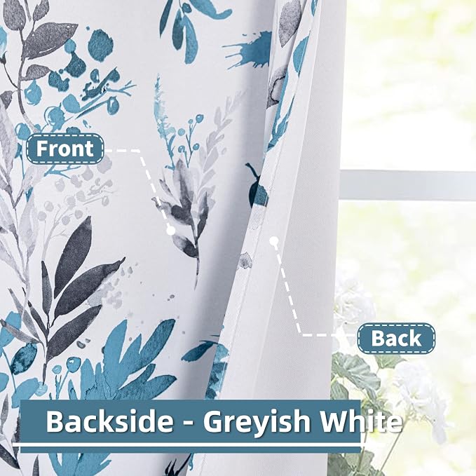 MYSKY HOME Living Room Curtains 84 inches Long Floral Blackout Curtains Room Darkening Thermal Insulated Panels Light Blocking Grommet Flower Drapes for Dining Room, 2 Panels, Turquoise