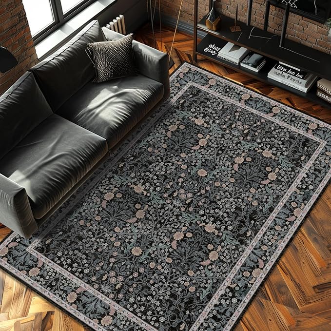 4x6 Area Rug for Bedroom Beside Rug, Laundry Room, Entryway, Kitchen, Washable Non-Slip Low Pile Ultra Soft Stain Resistant Carpet (Black)