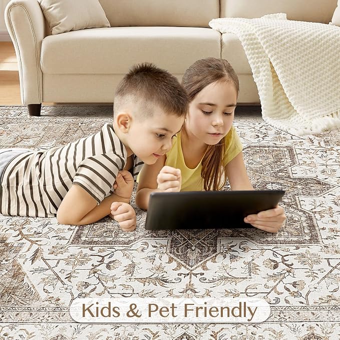 Tortania Area Rug Living Room Rugs - 8x10 Washable Boho Rug Vintage Oriental Distressed Farmhouse Large Thin Indoor Carpet for Living Room Bedroom Under Dining Table Home Office - Brown