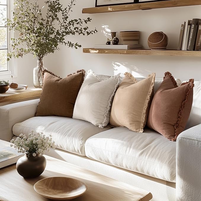 MIULEE Fall Linen Fringe Pillow Covers Set of 4 20x20 Beige/Brown | Boho Farmhouse Decorative Throw Pillow Covers, Neutral Soft Rustic Cushion Cases, for Couch Sofa Bed Living Room Home Decor