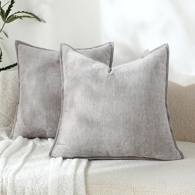 Stellhome Pack of 2 Soft Textured Throw Decorative Pillow Covers Square Accent Solid Chenille Cushion Cover Cozy Farmhouse Pillow Case for Couch Sofa Bedroom Living Room 22x22 Inch, Grey
