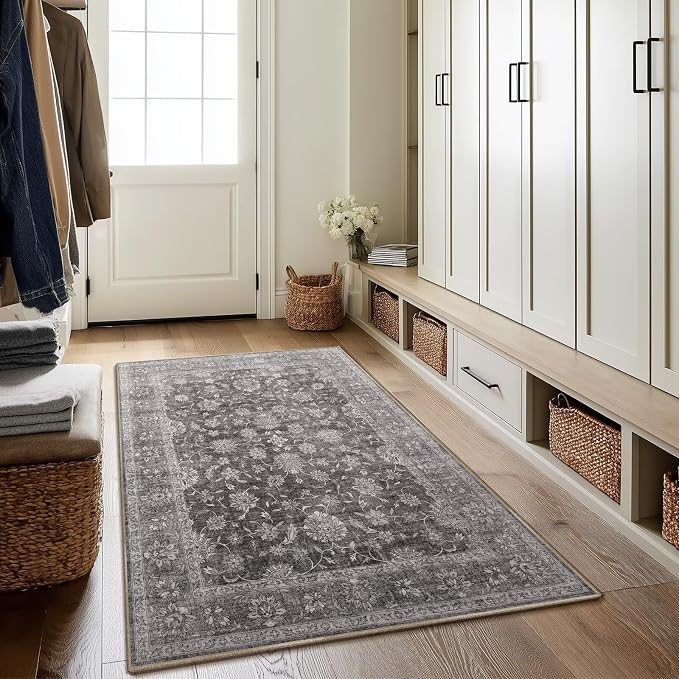 Washable 4x6 Rugs, Boho Vintage Non-Slip Distress Rugs, Dark Grey | 0.3" Neutral Throw Rugs for Bedroom Kitchen Nursery Living Room, Cushioned Area Rug for High-traffic