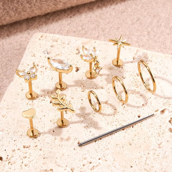 G23 Titanium 10Pcs 16G/18G Stud Earrings Flat Back Tragus Cartilage Earrings Rings Hoops CZ Butterfly Flower Leafage Heart Stud Labret Conch Helix Piercing Jewelry Set
