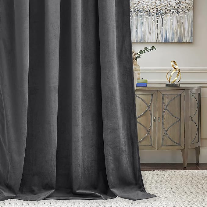 RYB HOME Grey Velvet Curtains 90 inches Long - Super Soft Blackout Curtains Thermal Insulated Drapes Back Tab Style for Bedroom Home Office, Wide 52 x Long 90, Grey, 2 Panels