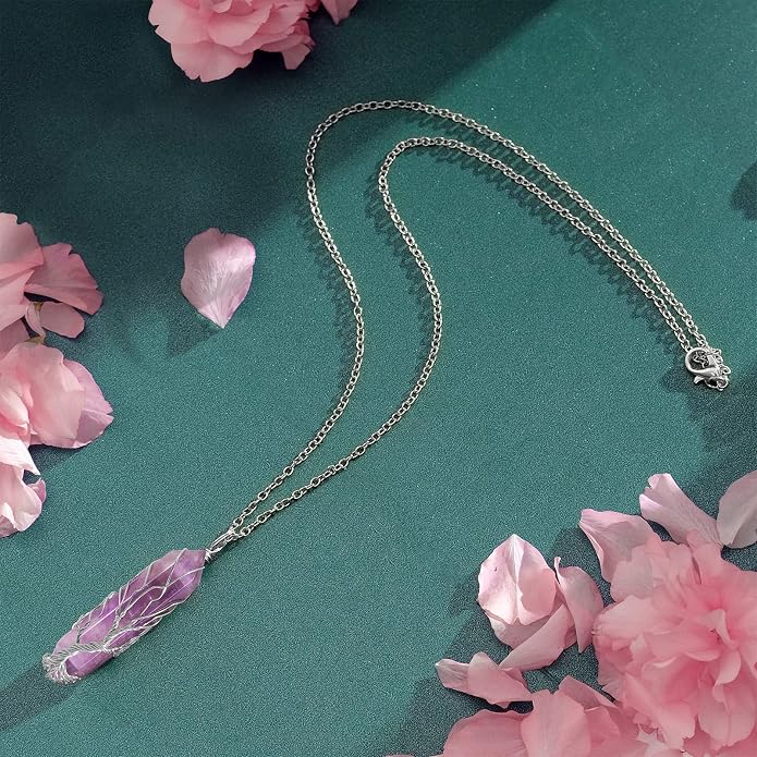 VIBILIA Healing Crystal Necklace Tree of Life Wire Wrapped Natural Stone Point Pendant Necklace Hexagonal Reiki Spiritual Quartz Gemstone Jewelry for Women Men