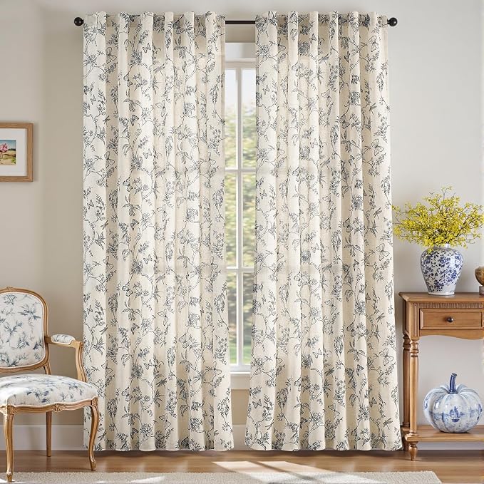Lazzzy Charlotte Blue Floral Curtains 84 Inch Length Linen Farmhouse Curtain Back Tab Drapes for Living Room Bedroom Light Filtering Vintage Rod Pocket Curtains, 2 Panels, Blue on Beige