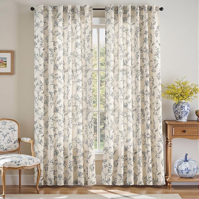 Lazzzy Charlotte Linen Blue Floral Curtains 90 Inch Length Farmhouse Curtain Back Tab Drapes for Living Room Bedroom Light Filtering Vintage Rod Pocket Curtains, 2 Panels, Blue on Beige