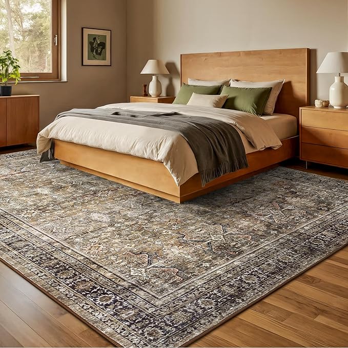 Lofus 10x14 Area Rug for Living Room,Brown Washable Area Rugs with Non-Slip Backing,Soft Boho Carpets for Bedroom Dining Room Home Office Indoor Nursery