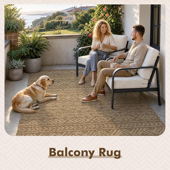 MontVoo-Outdoor Rug-Patio Rug 4x6 Polypropylene Indoor Outdoor Rugs Outdoor Carpet for Patio Deck Balcony Porch, Textured Weave, Durable for High Traffic, Fade-Resistant, Boho Farmhouse Neutral Brown