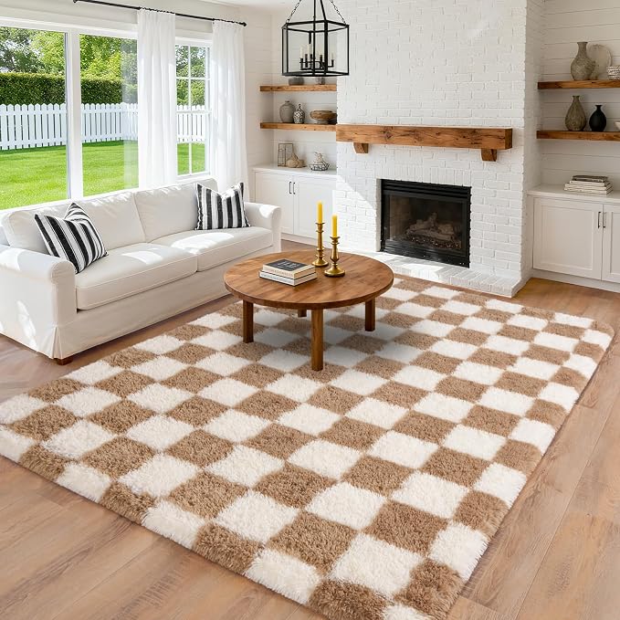 Pionblank 9x12 Area Rug, Large Fluffy Checkered Rugs for Living Room, Shag Rug for Bedroom, Soft Non Slip Shag Carpet for Kids Room Nursery Home Decor, Beige and Cream White