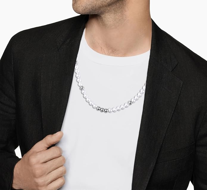 GAVU Men's Pearl Necklace, Pearl Jewelry Crystal Beaded Necklace for Men 20"/22"/24"/26"