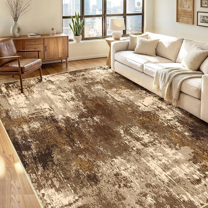 RELEANY Washable Area Rugs 6'x9' Non-Slip Modern Abstract Soft for Living Room Entryway Bedroom Kitchen, Print Pattern, Brown Tan Beige Coffee
