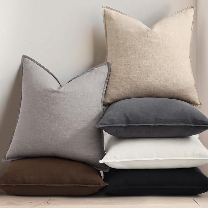 decorUhome Fall Light Grey Linen Throw Pillow Covers 26x26 Set of 2 | Decorative Soft Cozy Modern Farmhouse Boho Accent Pillow Cases with Flange Edges for Couch Bed Sofa Living Room Home Decor