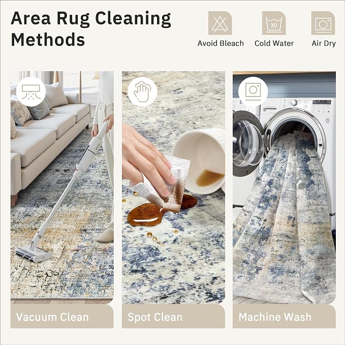 Soalmost 6x9 Abstract Area Rugs for Living Room 6 x 9 Washable Non Slip Low Pile Gray Rugs for Bedroom Dining Room Foldable Thin Blue Yellow