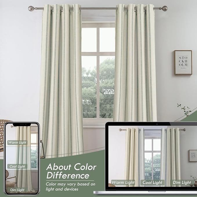 DriftAway Farmhouse Stripe Blackout Curtains, W52xL63, Loden Green | Blackout, Linen Texture, Stripe Pattern, Rod Pocket & Back Tab, Two Layers, Bedroom Living Room Use, Sound Reducing Design