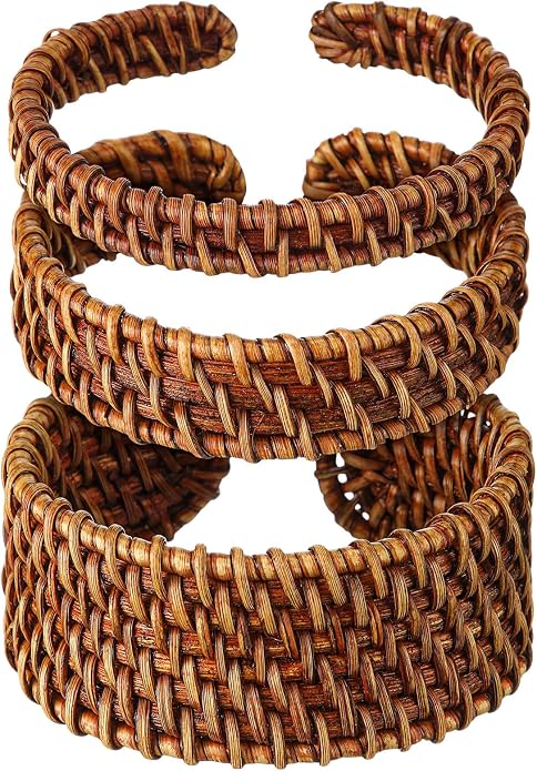 Landical 3 Pcs Handwoven Wooden Braided Rattan Knit Cuff Bracelet Adjustable Bohemian Chunky Wrap Bangle for Women Summer Ethnic Tribal Wrist Jewelry
