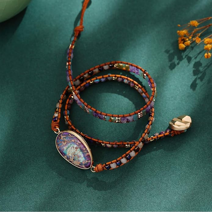 Plumiss Women Boho Handmade Natural Stone Crystal Leather Bead Wrap Bracelets Collection