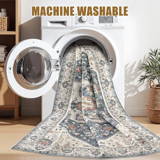 9x12 Area Rugs for Living Room - Large Carpet Ultra Thin Soft Washable Oriental Vintage Floral Distressed Rug Big Indoor Carpets for Bedroom Nursery Dorm Home Decor Aesthetic - Vintage Blue