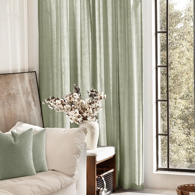 Linen Blend Sage Green Curtains 108 inch Length 2 Panels for Bedroom Back Tab Light Filtering Semi Sheer Drapes Linen Cotton Textured Light Green Airy Modern Farmhouse Living Room Sage Aesthetic Decor