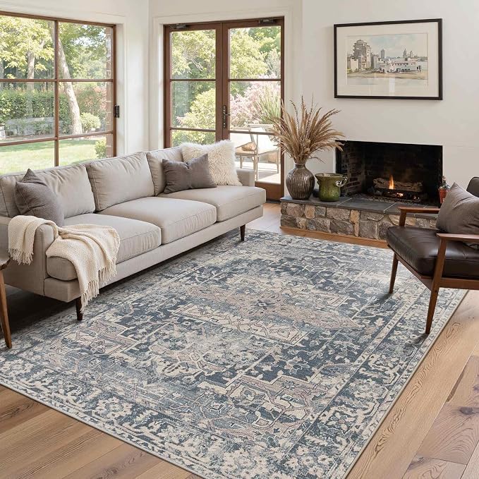 Rugxara Blue 4x6 Area Rug Washable Rug for Living Room Bedroom Office | Non Slip, Throw Rug for Entryway Dining Room Kids Room, Stain Resistant, Soft, Low Pile, Vintage Boho Retro Carpet