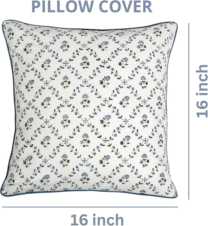 Ridhi Block Print Powder Blue Pillow Cover 16" x 16" (Pack of 2) Decorative Couch Pillows for Living Room, Farmhouse Chic Boho Cute Outdoor Pillows Covers Gifts for Spring, Mother's Day