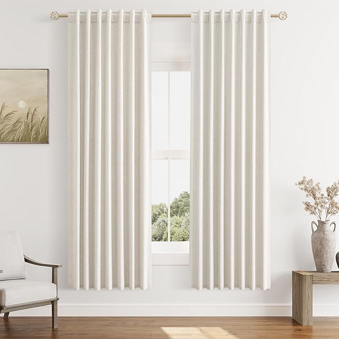 Beige White 100% Blackout Linen Curtains 72 Inch Length 2 Panels Set for Living Room Bedroom Back Tab Thermal Insulated Black Out Drapes Room Darkening Farmhouse Style for Bedroom Window Curtains