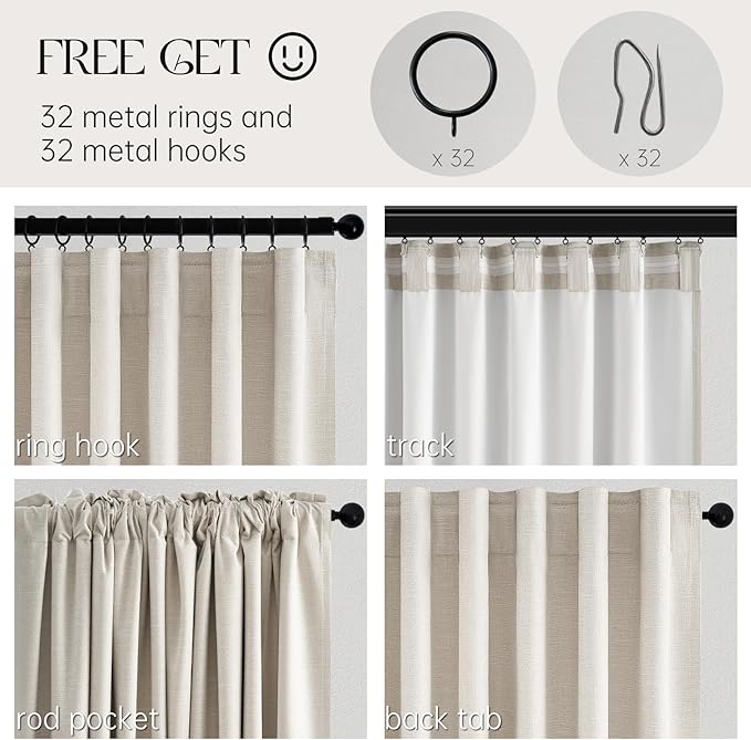 Extra Wide 100 Inch Length Blackout Curtains & Drapes 96 Inches Long 2 Panels Set for Sliding Glass Doors Modern Pleated Linen Blend Heavy Floor to Ceiling Large Window Drapes(100"Wx96"Lx 2 Birch)