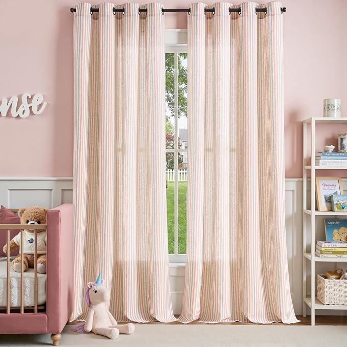 jinchan Linen Curtains 96 inch Candy Stripe for Kids Room Grommet 2 Panels | Kids Curtains for Living Room Baby Girls Room,Ticking Stripe,Nursery Drapes, Window Treatments,Cottagecore,Light Filtering