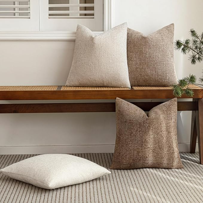 20x20 Chenille Throw Pillow Covers, Pack of 4, Neutral Beige/Brown Series