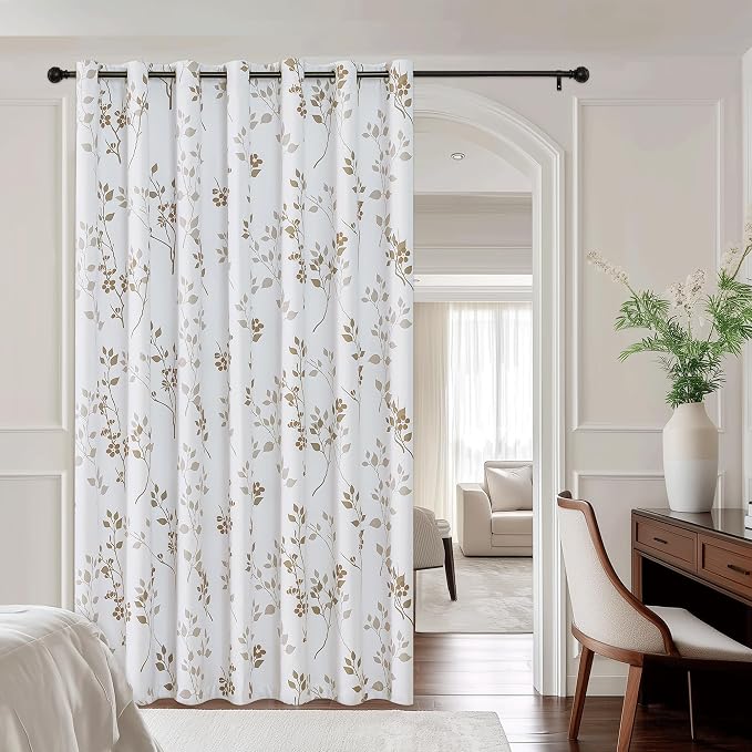 Beauoop Floral 100% Blackout Sliding Door Curtains Tan Brown 100x84 1 Set | Flower Patterned Brown White Room Darkening Patio Curtains Extra Wide Room Divider Drapes Thermal Window treatment Grommet