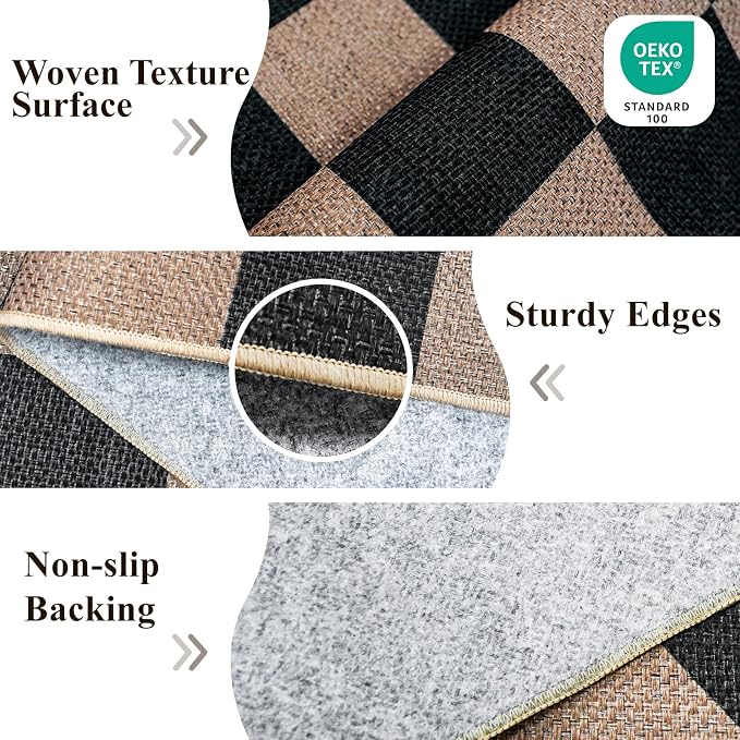 2x6 Jute Woven Runner Rug: Non Slip Backing Diamond Pattern Easy Clean Mats | Washable Thin Indoor Rugs Hallway Kitchen High Traffic Areas Farmhouse Home Decor Durable Flat-Weave Carpet (Black/Brown,2x6)