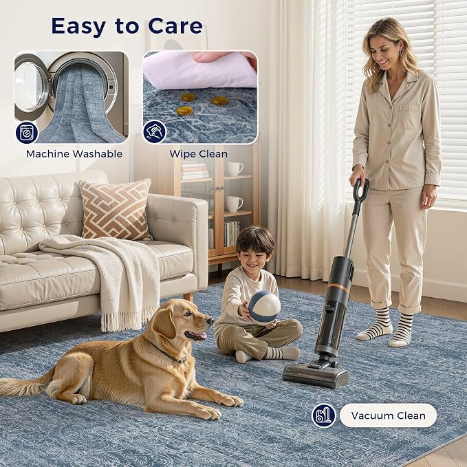 DMOYEST Area Rug Living Room Rugs - 10x14 Abstract Large Soft Indoor Washable Rug Neutral Modern Low Pile Carpet for Bedroom Dining Room Farmhouse Home Office - Dark Blue