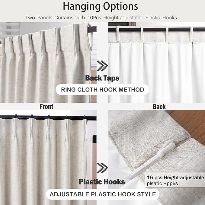 IVAPUPU Natural Pinch Pleated Full Blackout Curtains Linen Blend Room Darkening Window Curtains 102 inch 1 Panel for Living Room Bedroom Thermal Insulated Curtain Drapes with 12 Hooks 60''Wx102''L