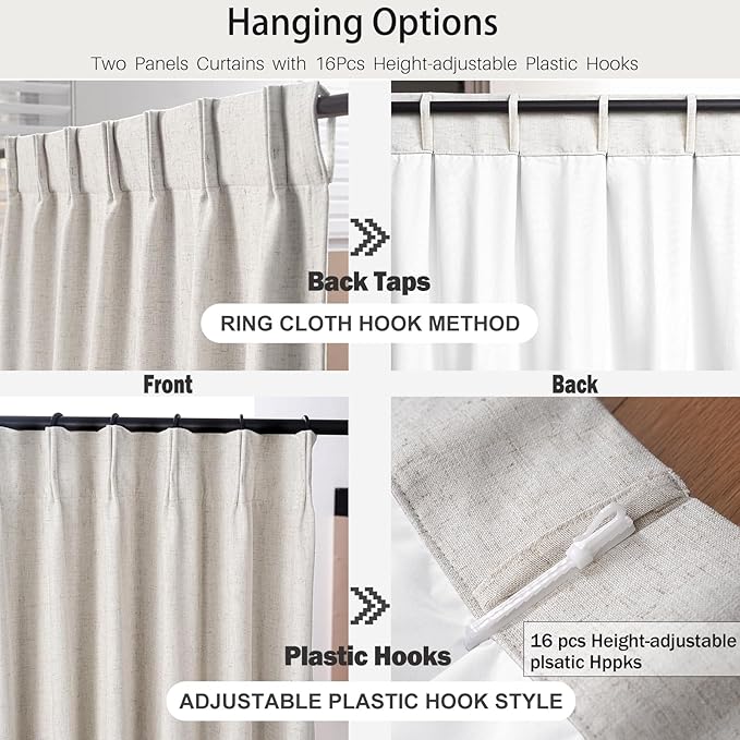 IVAPUPU Natural Pinch Pleated 100% Blackout Curtains Linen Blend Room Darkening Window Curtains 90 inch 1 Panel for Living Room Bedroom Thermal Insulated Curtain Drapes with 12 Pcs Hooks 70''Wx90''L
