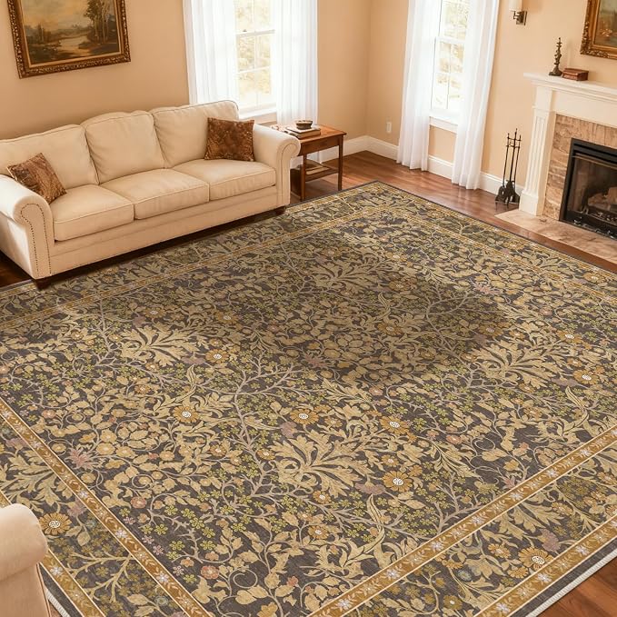 Extra Large 10x14 Area Rug for Living Room, Washable Rugs for Dining Room, Bedroom, Non Slip Stain Resistant Carpet, Low Pile Vintage Floral Rug (Goldenrod)