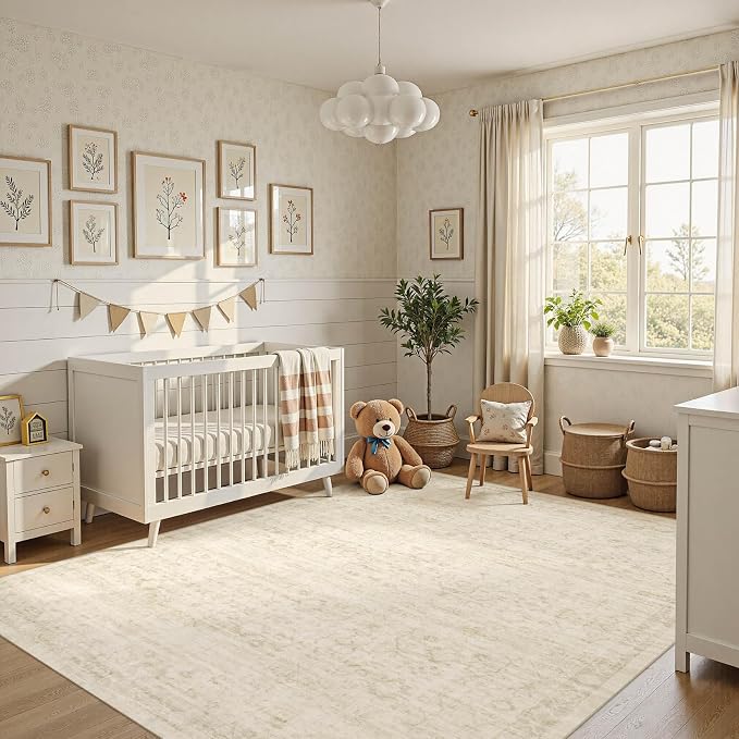 Nakagishi 10X14 Area Rugs Living Room: Washable Large Vintage Rug Neutral Non-Slip Soft Stain Resistant Indoor Carpet for Bedroom Nursery Dining Room Office Playroom - Vintage Beige
