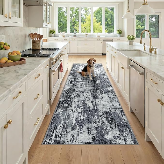 RELEANY Washable Area Rugs 3x8 Non-Slip Modern Abstract Soft for Living Room Entryway Bedroom Kitchen, Print Pattern, Black Navy Blue Gray