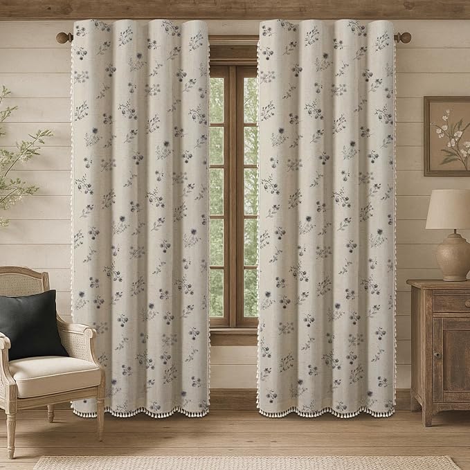 Boho Floral Spring 100% Blackout Curtains 84 Inch Length 2 Panels Set, Linen Texture Farmhouse Curtains with Beige Tassel for Living Room Bedroom, Vintage Rustic Rod Pocket,Black