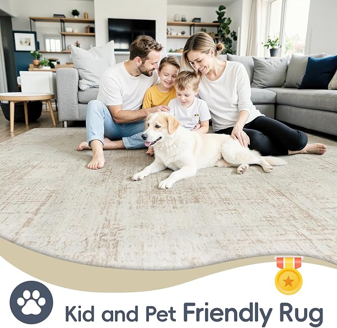 5x7 Area Rugs for Living Room Washable Rug: Anti-Skid Abstract Modern Living Room Rug Soft Thin Carpets Indoor Floor Non-Shedding Carpet for Bedroom Dining Farmhouse Nursery Beige White