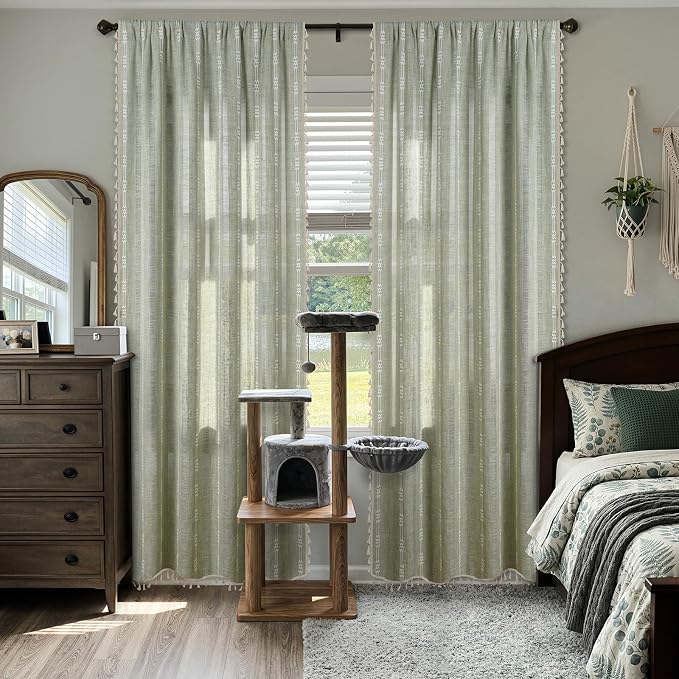 ColorBird Sage Green Boho Curtains Linen-Textured for Living Room Bedroom Light Filtering 84 Inches Farmhouse Whimsical Decor Embroidered Striped for Nursery Door Dining Room Window Treatments