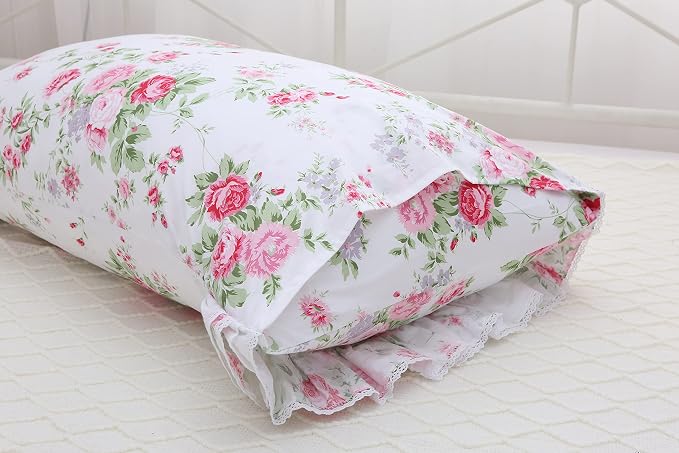 2-Pack Rose Floral Print Pillow Shams with Lace Ruffles Shabby Chic Queen Size Pillowcases 20 x 30 Country Vintage Style