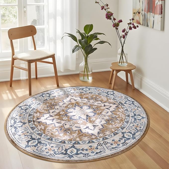 Lessymo 4FT Washable Round Area Rugs for Living Room, Non Slip Circle Rugs Low Pile Vintage Carpet for Bedroom, Dining Room, Nursery, Home Office, Brown Beige